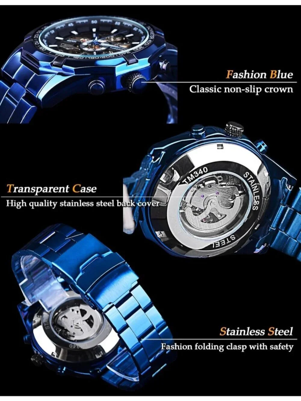 Men's Blue Black Self-Wind Skeleton Hollow Out Mechanical Automatic Luxury Watch